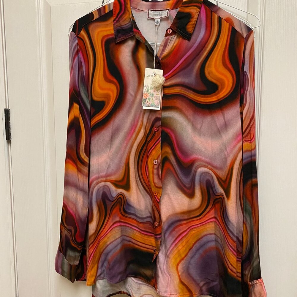 NWT Johnny Was Nessi Blouse Silk Button Up Shirt Long Sleeve Swirl Print Size M